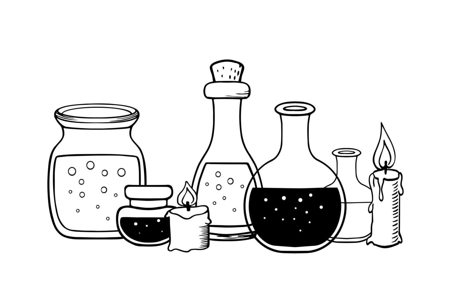 Magic glass bottles and candles. Vintage sketch. Alchemist mystic lab glasses with elixir, love potion. Isolated vector illustration