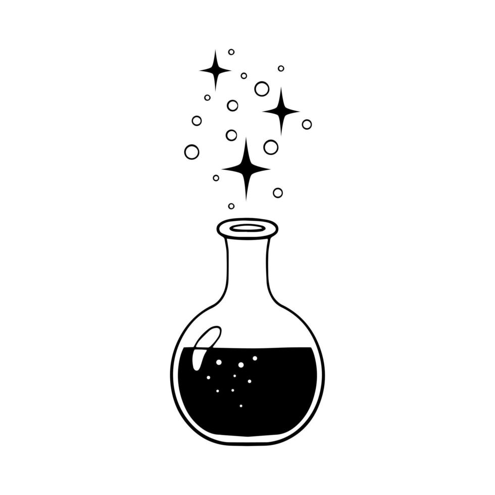 Magic glass bottle sketch. Alchemist elixir, love potion with mystical sparks. Isolated vector illustration