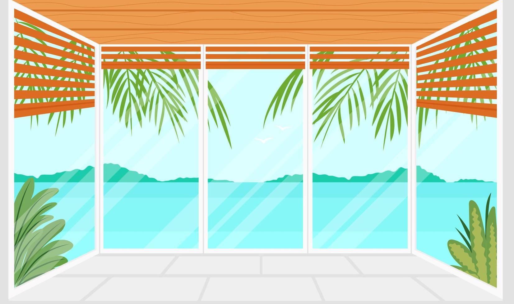 Panoramic window. Interior of empty room with a view to ocean landscape. Tropical resort apartments with big window. Colorful summer background vector