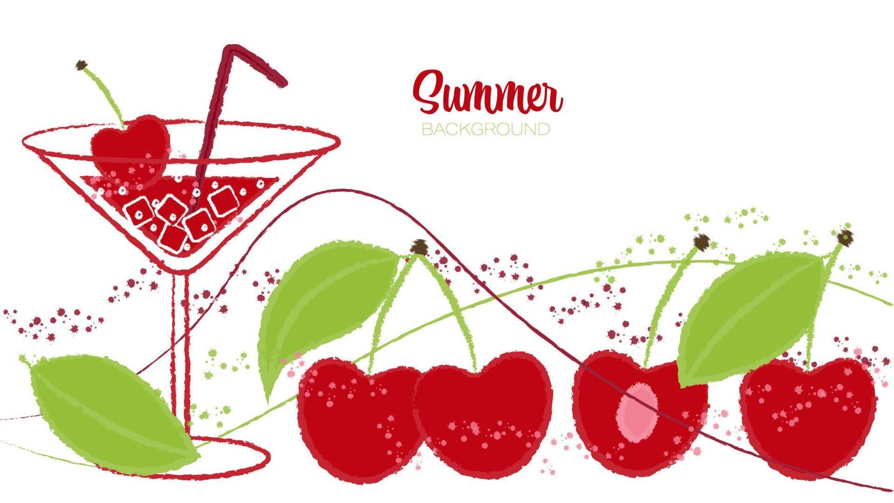 dulce y jugoso fondo vectorial de verano con cerezas brillantes, cóctel, salpicaduras abstractas y pinceladas vector