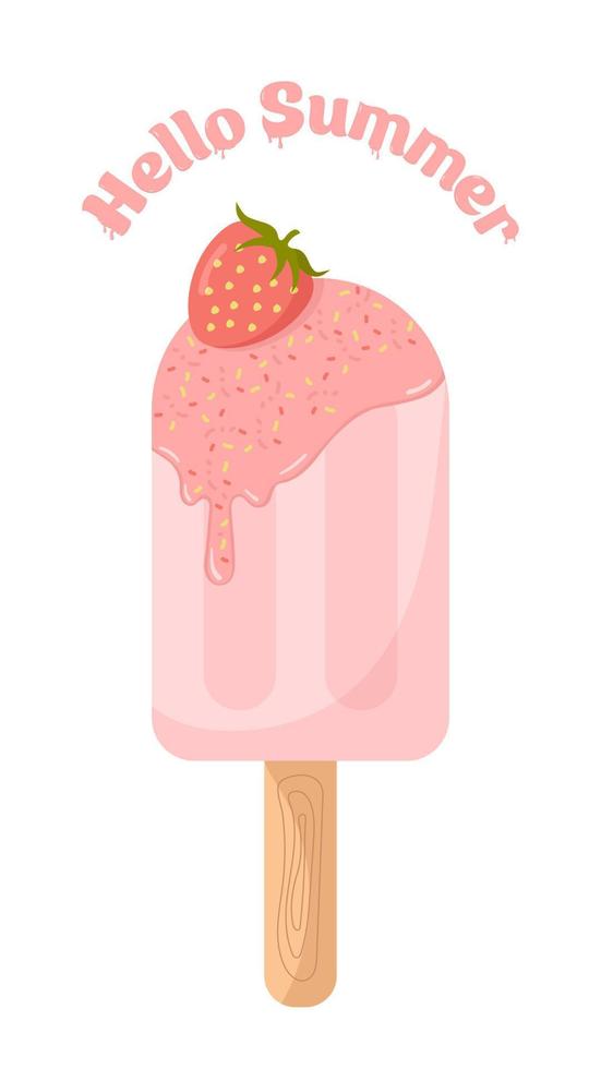 helado de fresa dulce. banner de vector de verano hola verano. perfecto para redes sociales, pancartas, materiales impresos, etc.