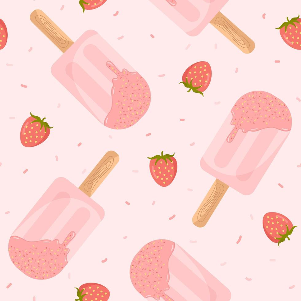 Sweet Summer Seamless Pattern With Melted Ice Cream and Juicy Strawberries. Perfect for Textile, Wrapping paper, etc. vector