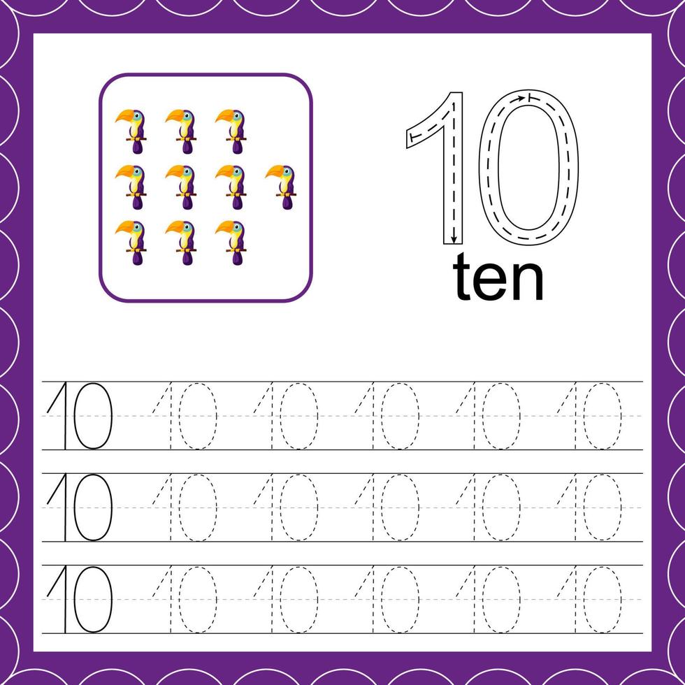 Educational maths worksheets. Toucan. Trace the line. Number ten ...
