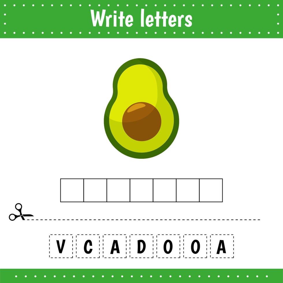 Educational game for kids. Crossword. Avocado. Food. Guess the word. Education developing worksheet. Learning game for kids. vector