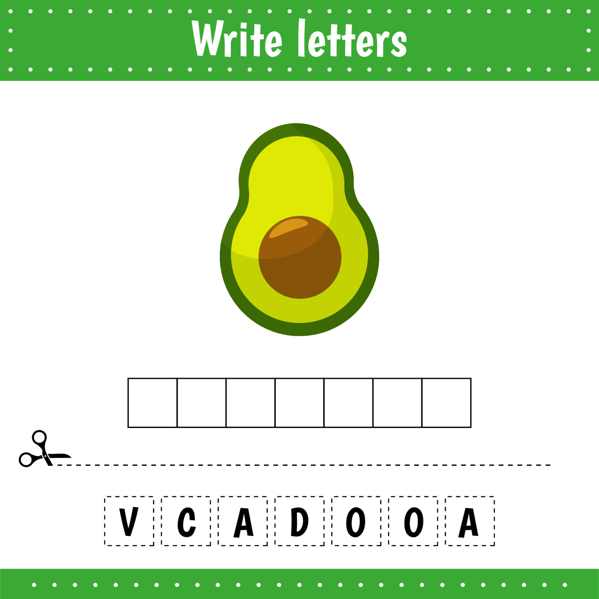 Educational game for kids. Crossword. Avocado. Food. Guess the word
