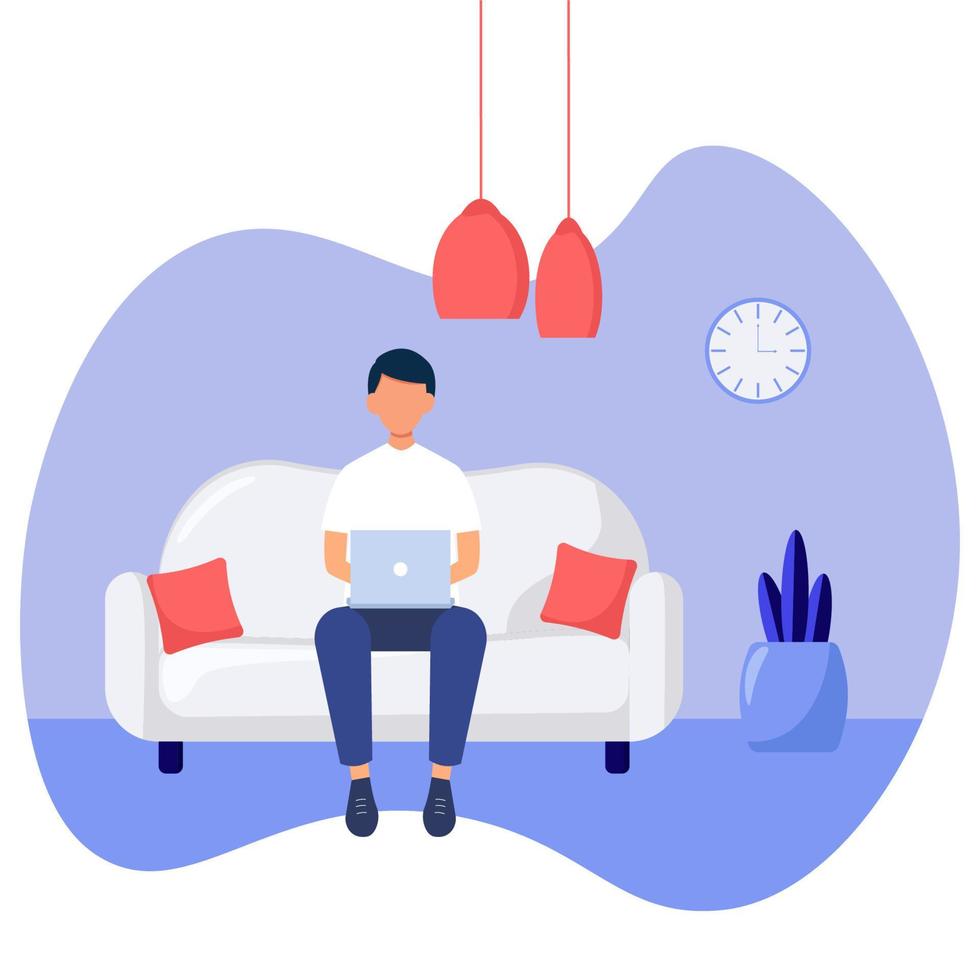 Boy sitting on the sofa with laptop . Freelance concept.  Studying or working concept. vector