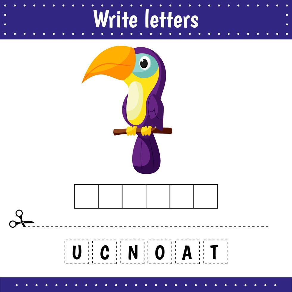 Educational game for kids. Crossword. Toucan. Guess the word. Education developing worksheet. vector