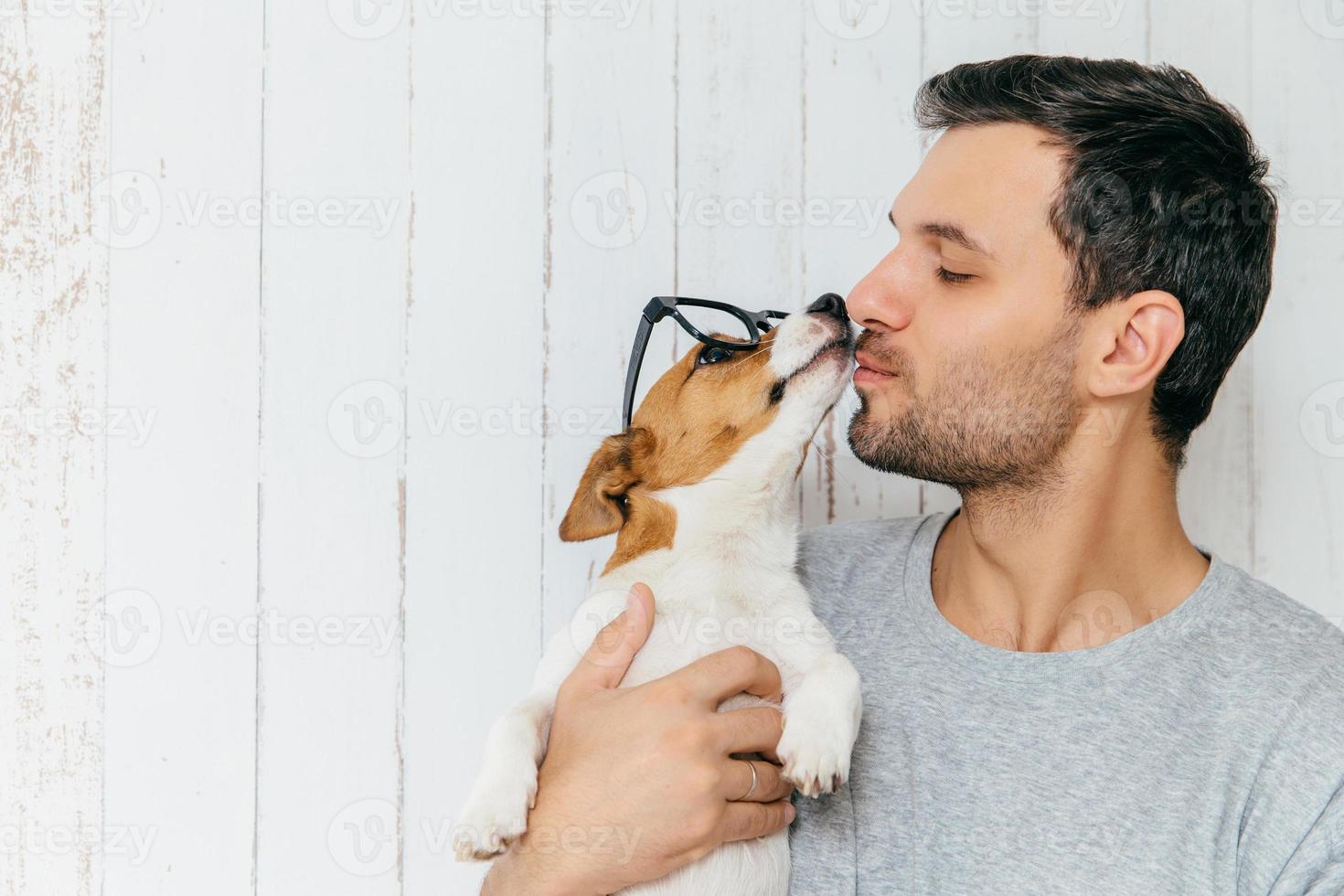 Horizontal shot of handsome male stands sideways, kisses his jack russell terrier dog, have good relationship, pose tohether against white wooden background with blank copy space. Animals concept photo