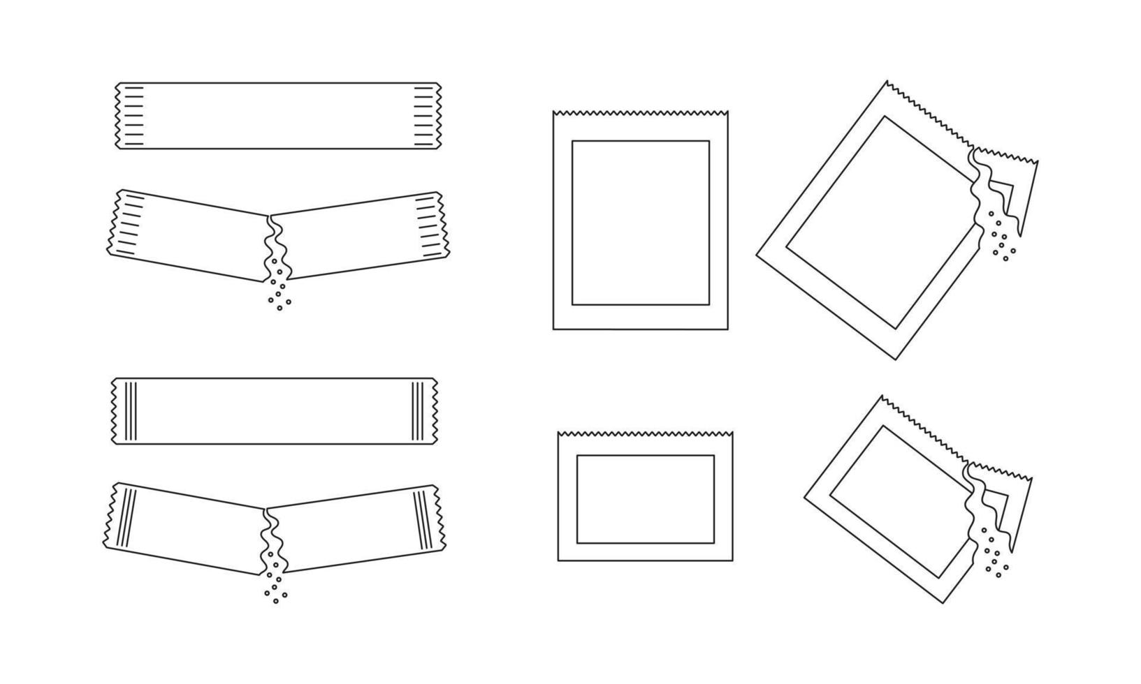 Different outline sachets with sugar, salt or pepper. Set of packets with soluble powder whole and poured vector