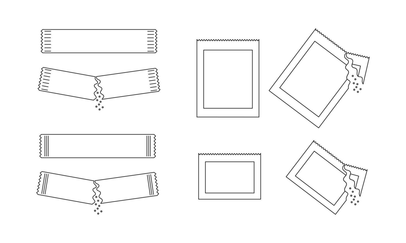 Different outline sachets with sugar, salt or pepper. Set of packets with soluble powder whole and poured vector