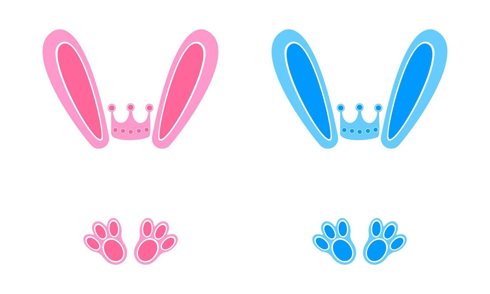 Blue and pink bunny ears and feet with crowns. Design elements for boys and girls Easter or New Year t-shirt, baby shower, greeting card vector