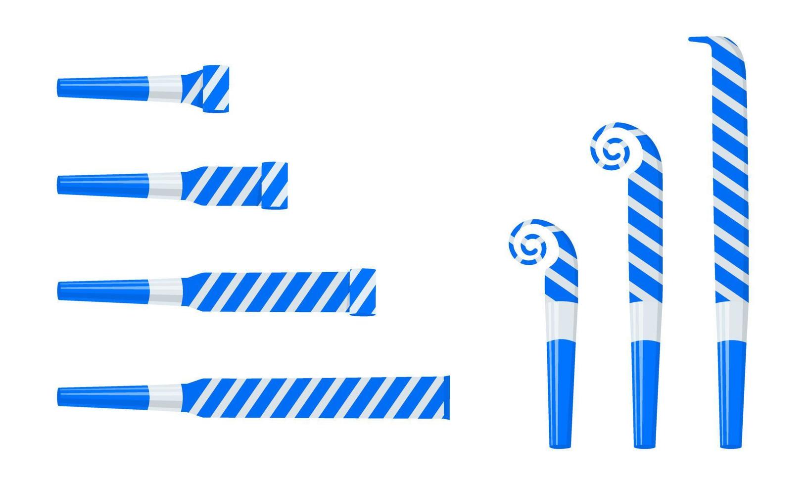 Rolled and unrolled party horns, noisemakers, blowers. Striped blue and silver sound whistles. Side and top view vector