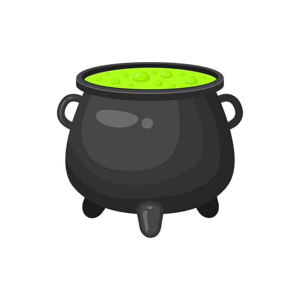 Witch cauldron with green liquid isolated on white background. Magic bubbling potion. Witchcraft equipment vector