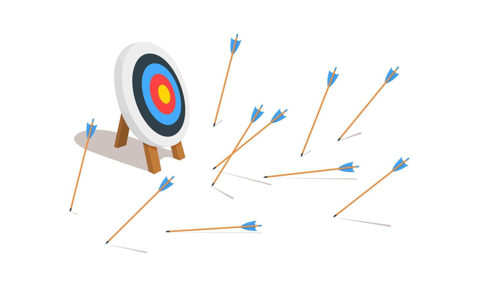 Archery target ring with many missed arrows. Business goal failure symbol. Mistake strategy concept vector