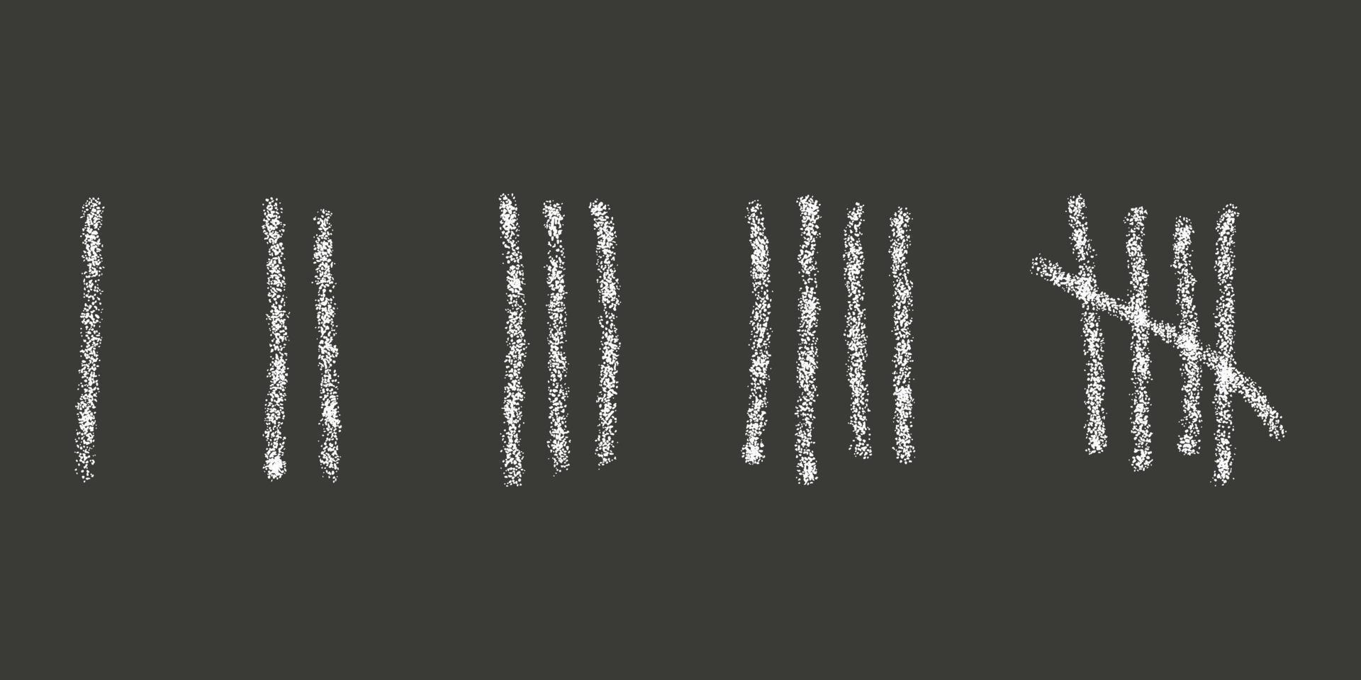 Chalk drawn tally marks on black background. Day counting sticks on prison wall or chalkboard. Unary numeral system signs vector