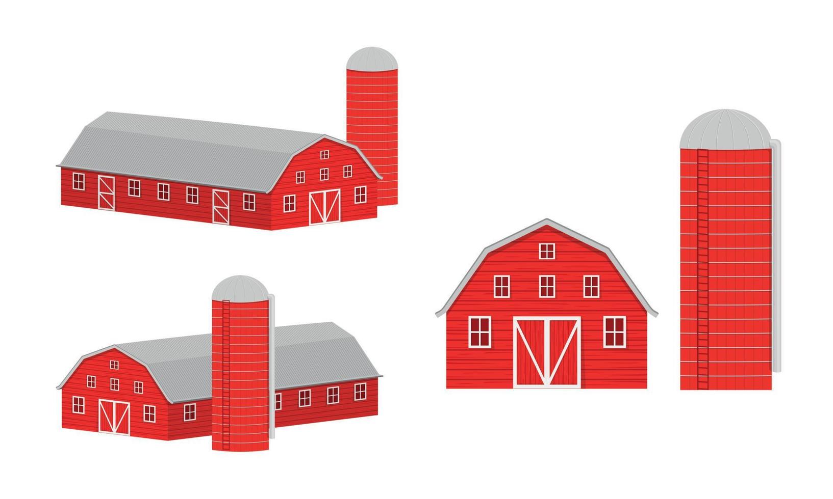 Wooden barn and silo for grain storage front and isometric view. Red farm warehouse building and container for wheat seeds vector