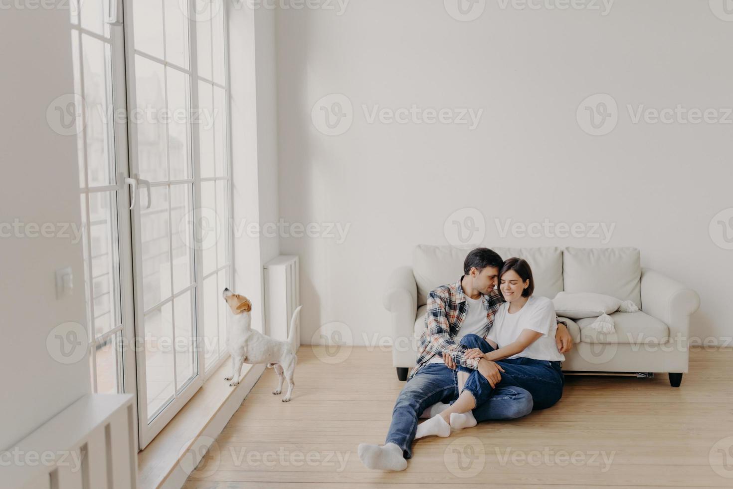 Satisfied husband and wife have romantic relationship, sit on floor near white couch in big room, wear jeans, tshirts and socks, spend leisure time in domestic atmosphere, dog poses near balcony photo