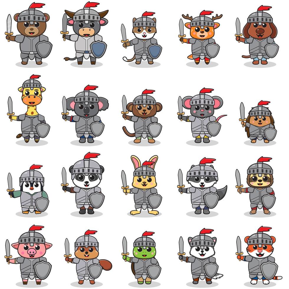 Vector illustrations of Animal characters in Knight costume. Vector illustration bundle. Flat Cartoon Style. Collection of funny Animal isolated on a white background.