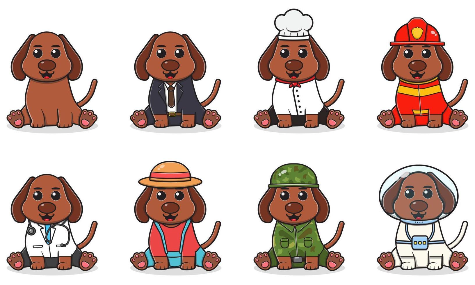 ilustración vectorial de lindo perro con disfraz. lindo perrito caricatura sentada. perro con traje de hombre de negocios, chef, bombero, médico, agricultor, soldado y astronauta. colección de perros graciosos. vector