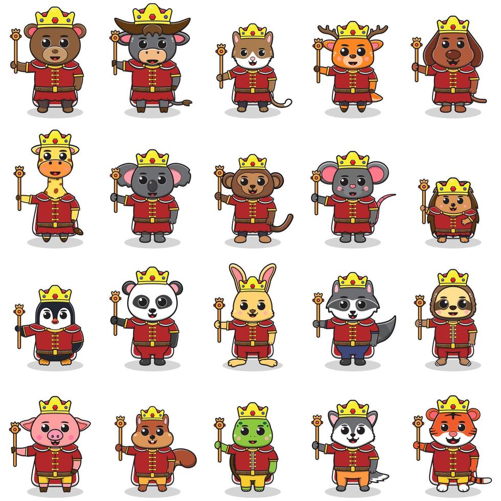 Vector illustrations of Animal characters in King costume. Vector illustration bundle. Flat Cartoon Style. Collection of funny Animal isolated on a white background.