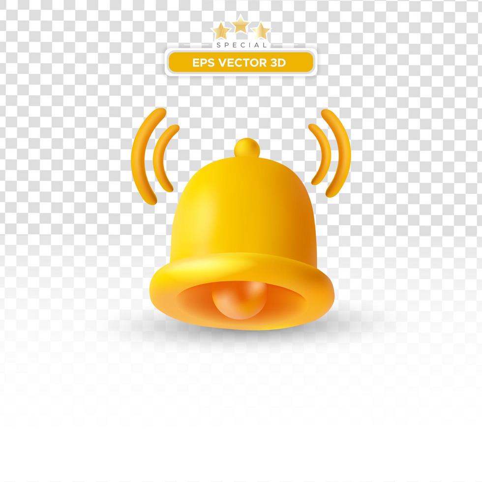 3d notification bell icon set isolated on white background. 3d render yellow ringing bell with new notification for social media reminder. Realistic vector icon