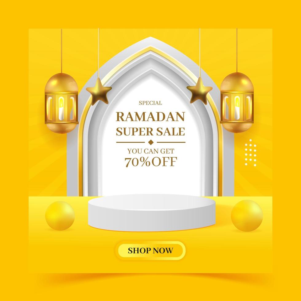 Ramadan Kareem big sale discount banner with empty podium showing social media Instagram post template on yellow background vector
