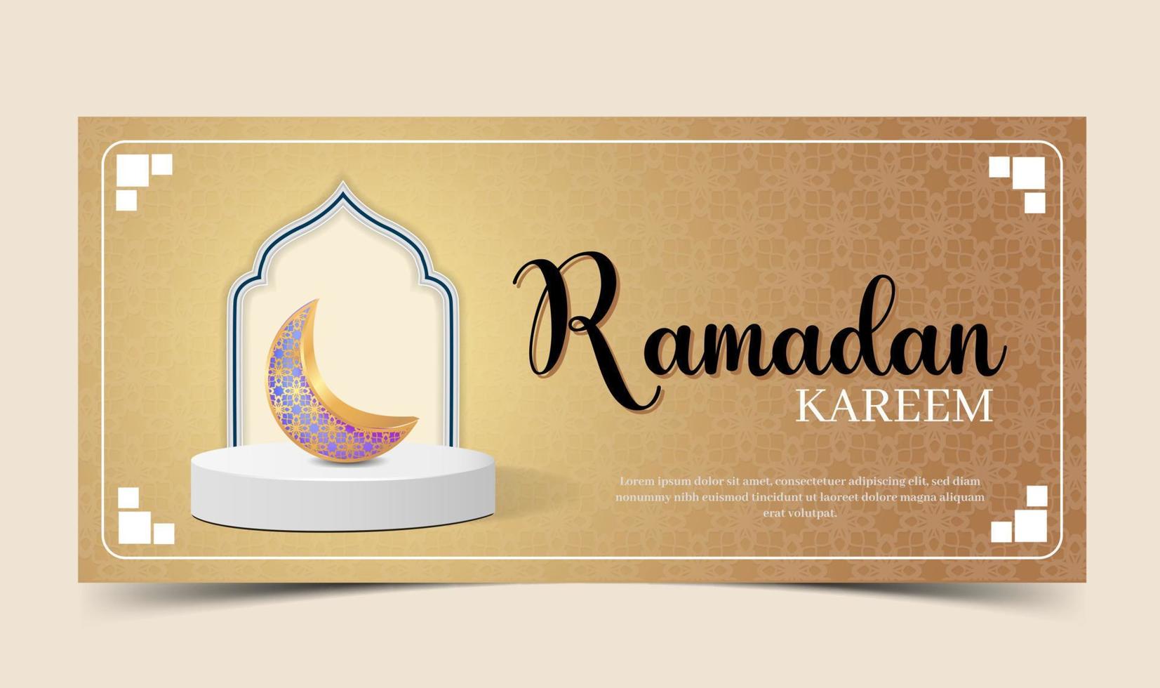 3d ramadan kareem banner with golden crescent moon and podium vector