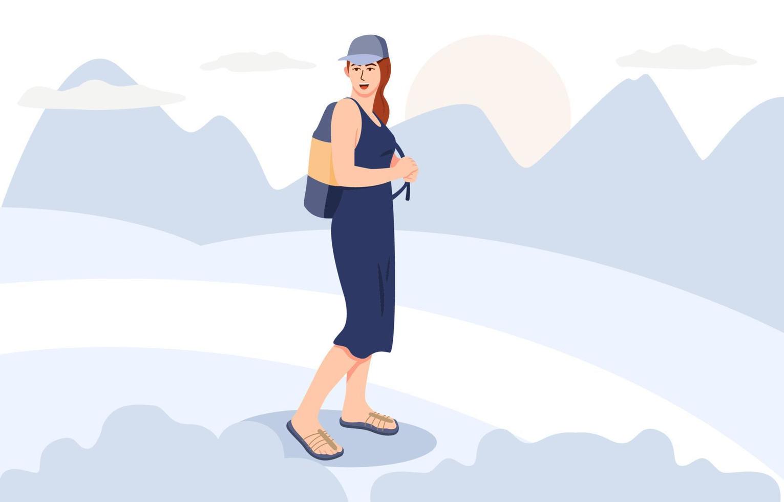 mujer joven que viaja, actividades de vacaciones, viaje de vacaciones de verano, ilustración vectorial plana aislada. vector