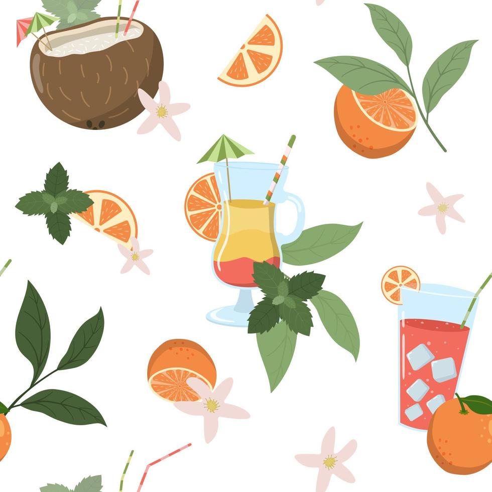 dibujos animados verano colorido playa bebidas de patrones sin fisuras. cócteles con naranjas y hojas de menta. Fondo de vector de vacaciones y fiesta en la playa. diseño para embalaje, textil, tela.
