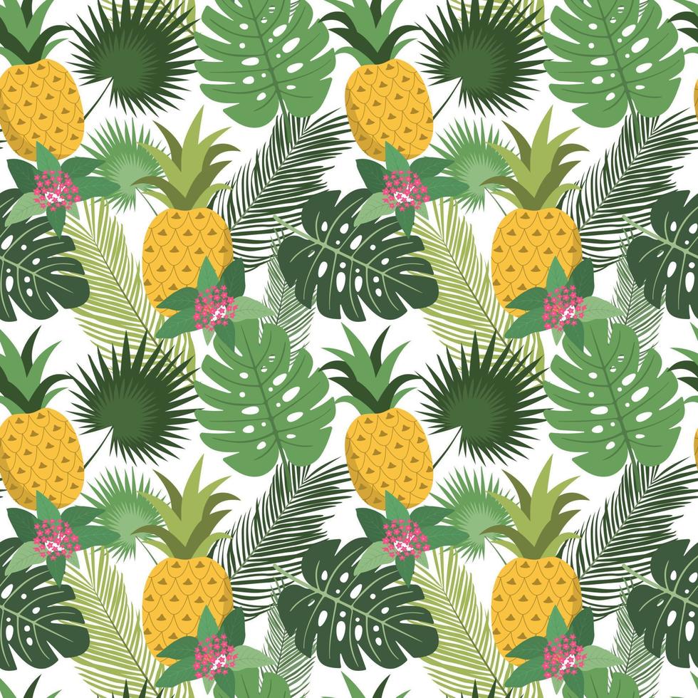 Summer green tropical palm, monstera leaves, pineapples, and flowers seamless pattern. Isolated on white background. vector