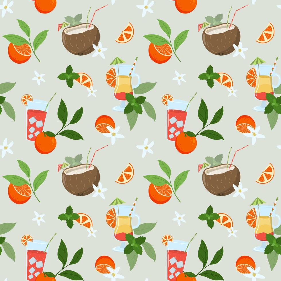 Summer colorful beach cocktails seamless pattern with oranges and mint leaves. Holiday and beach party vector background. Design for use in packing, textile, fabric.