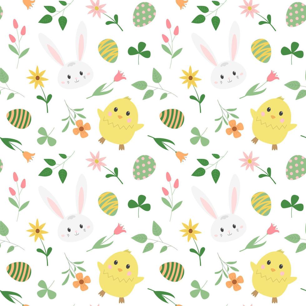 Spring Easter chick and bunny seamless pattern with colored eggs, leaves and flowers. Isolated on white background. Cartoon vector illustration. Children festive design.