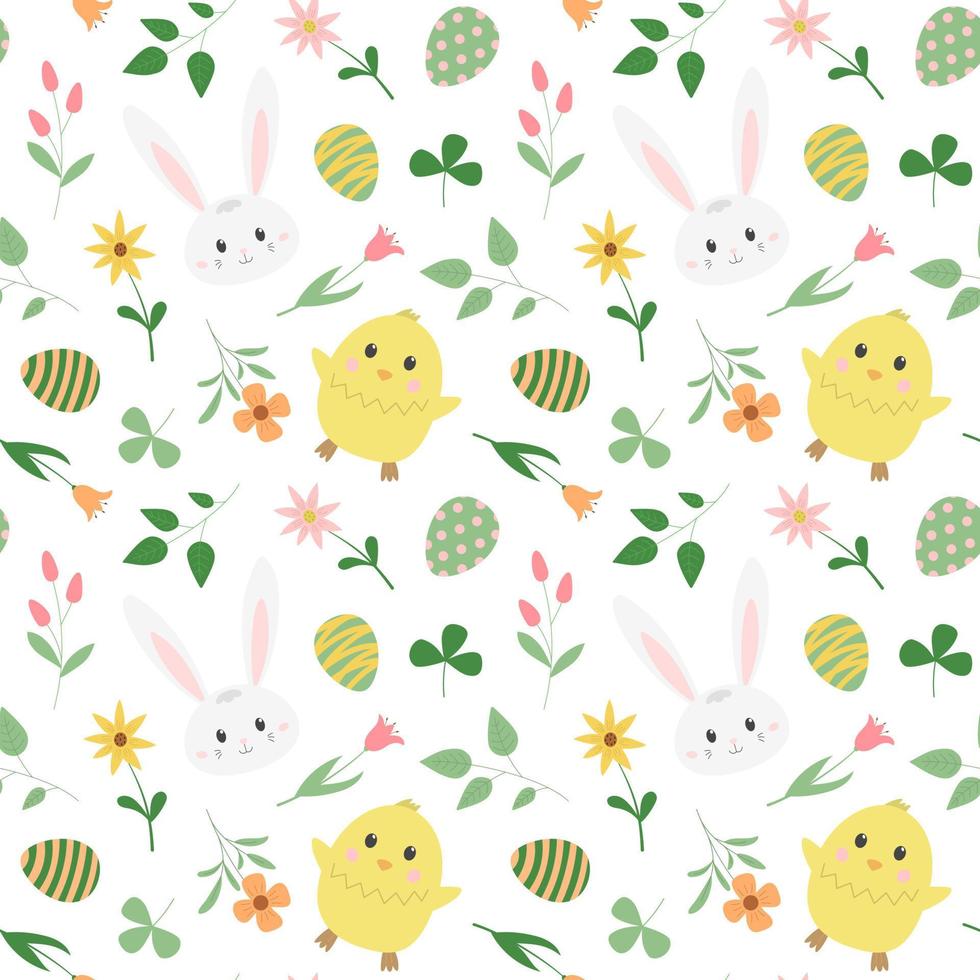 Spring Easter chick and bunny seamless pattern with colored eggs, leaves and flowers. Isolated on white background. Cartoon vector illustration. Children festive design.