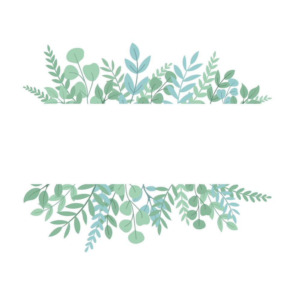 Green leaves and branches decorative vector frame template. Isolated on white background. Design for wedding invitations and greeting cards