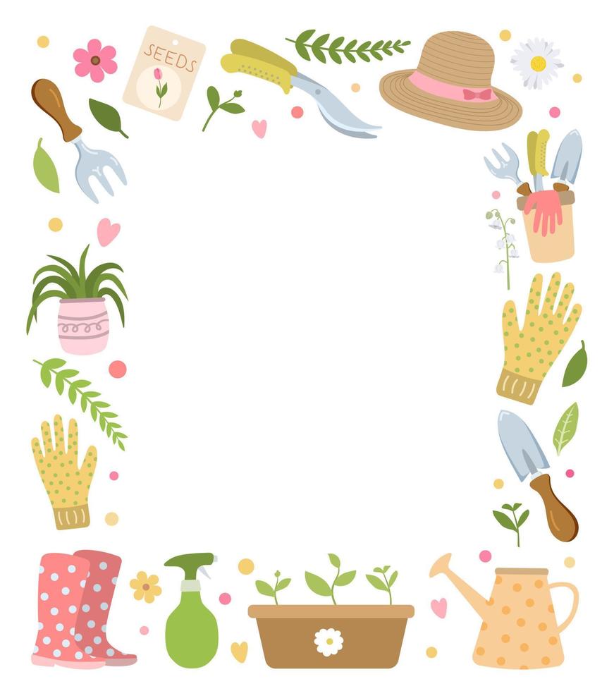 Rectangular frame with gardening tools, clothes, flowers, plants. Isolated on white background. Perfect for stationery, posters, scrapbooks, textile design. vector
