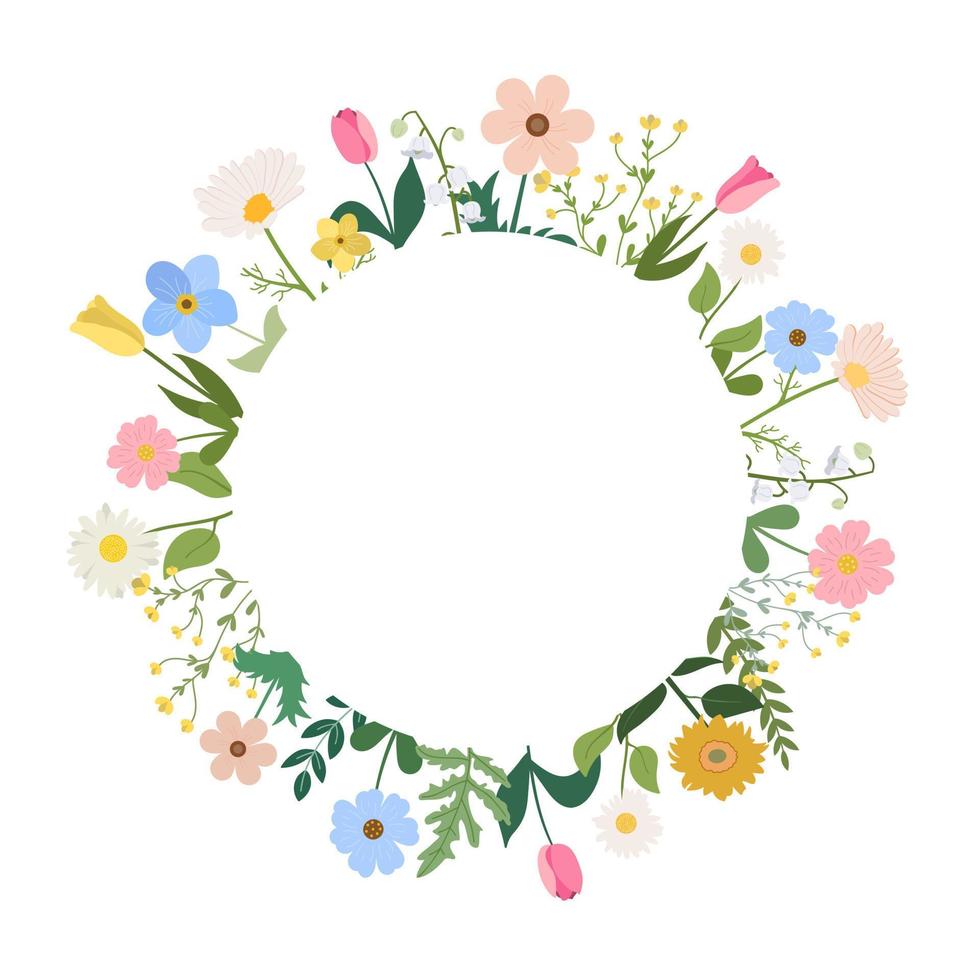 Vector floral round frame with spring colorful flowers for wedding invitations, greeting cards, Mothers day greetings. Bright flower frame