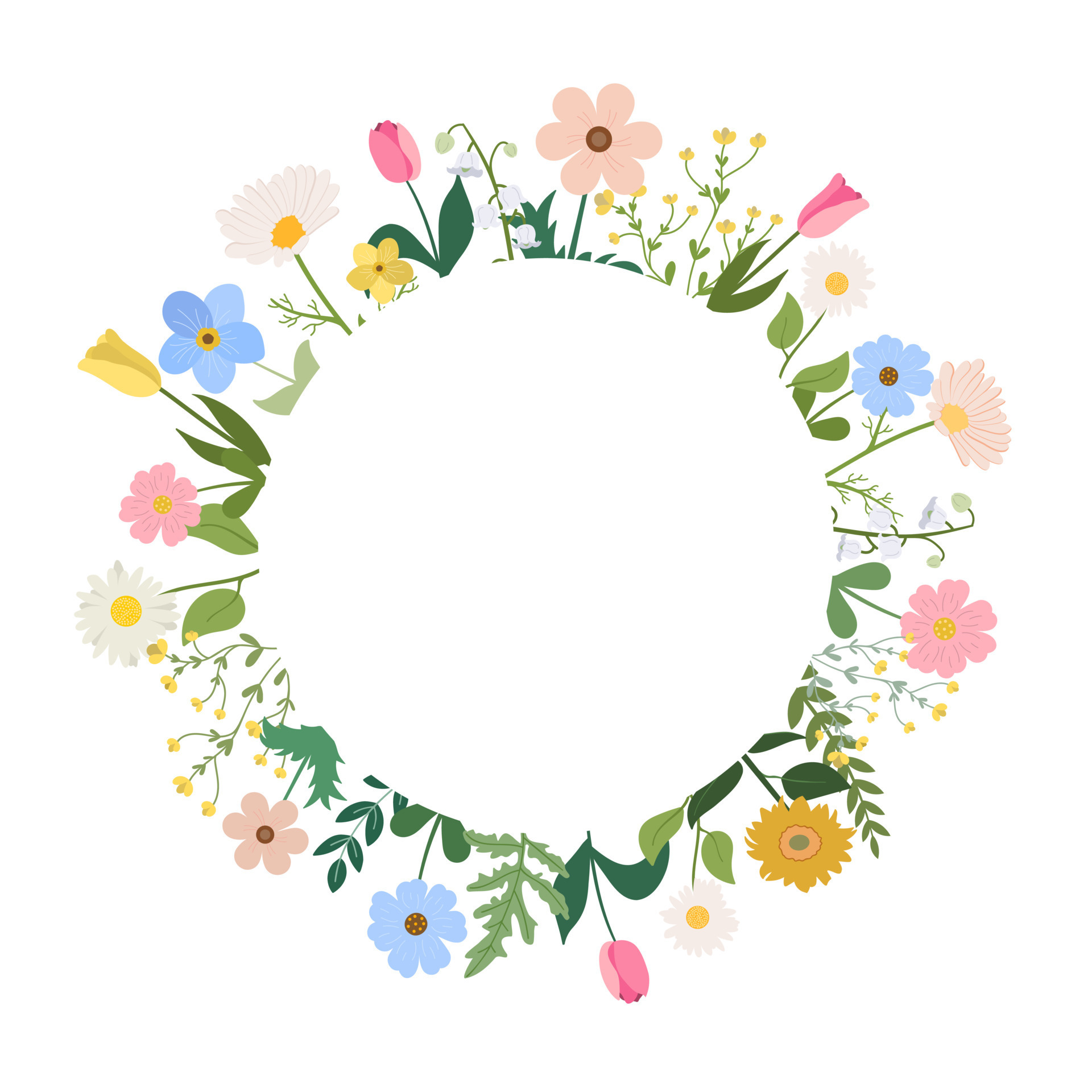 Vector floral round frame with spring colorful flowers for wedding
