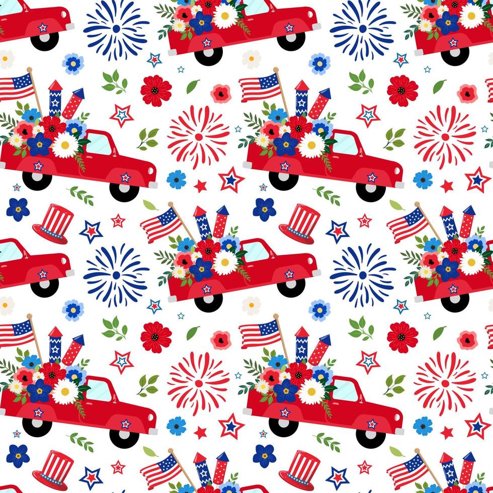 Patriotic 4th of July pickup truck with flowers, crackers, and sparklers seamless pattern. Isolated on white background. Independence day, 4th of July holiday themed design. vector