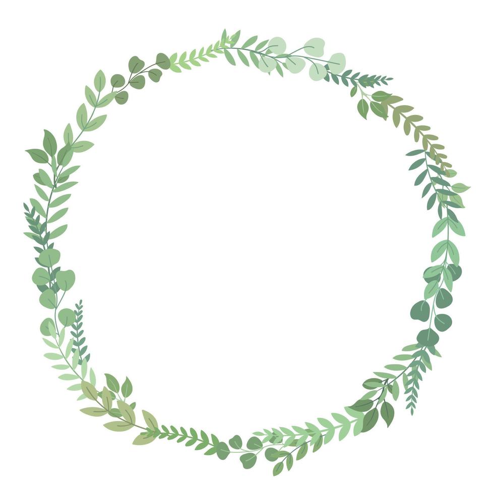 Greenery wreath, forest green leaves, white background. Wedding invitation circle frame. Vector illustration. Design template greeting card