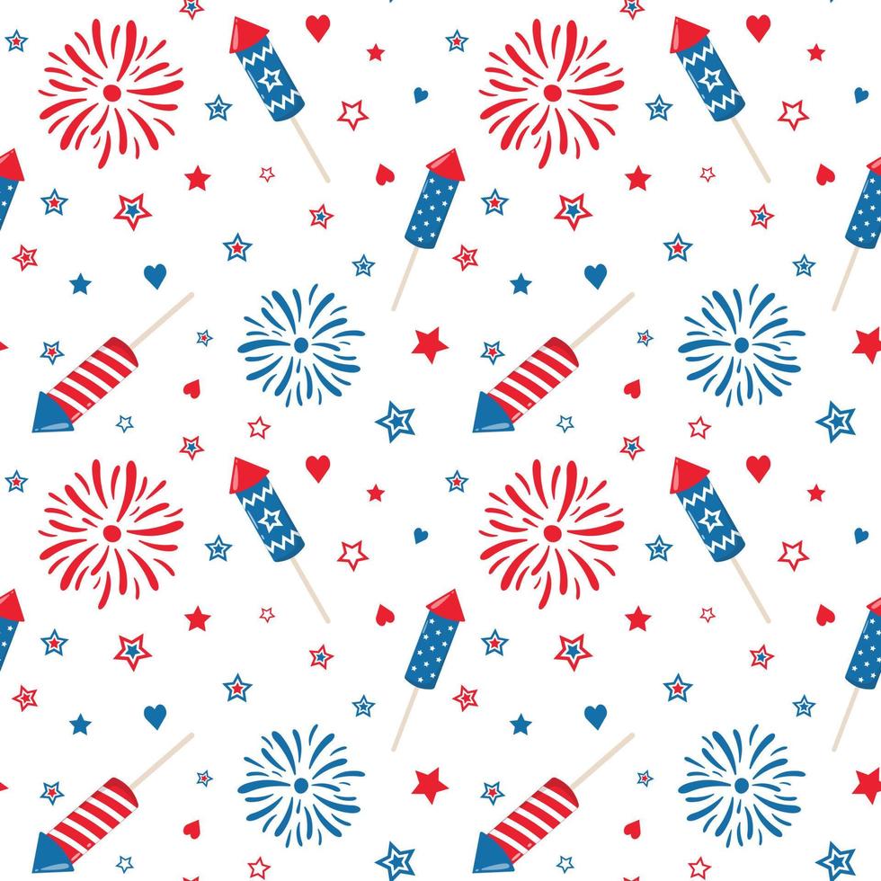 Patriotic fireworks and sparklers on a white background. Fourth of July. Independence Day. Vector seamless pattern.