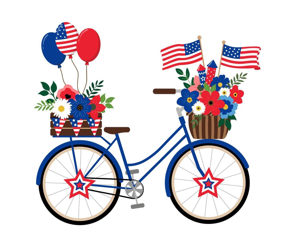 bicicleta patriótica azul oscuro con banderas americanas, ramos de flores y globos en la ilustración de colores nacionales de estados unidos, aislada en fondo blanco. Tarjeta navideña de diseño temático del 4 de julio. vector