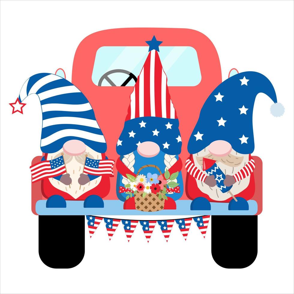 Group of American patriotic gnomes on a truck, American Patriotic Day party gnomes in USA flag colours with flowers, firework, flags in hands for Independence Day party. Vector illustration