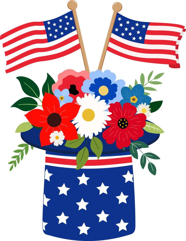 Vector floral arrangement with US national colors flowers, foliage, flags. Isolated on white background. Great for holiday cards, invitation, 4th of July banners.