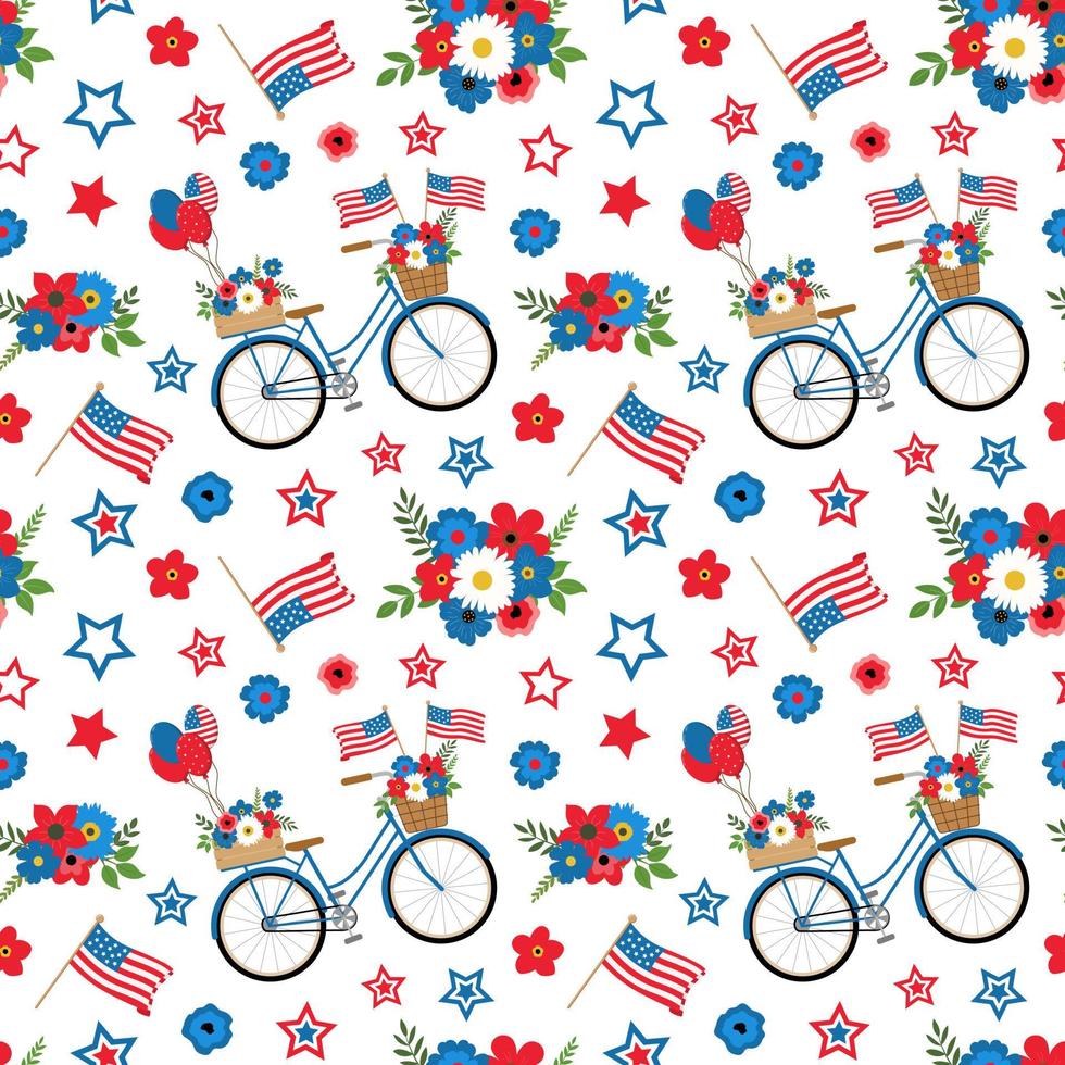 4 de julio bicicleta azul patriótica con banderas americanas, flores y globos de patrones sin fisuras sobre fondo blanco. aislado sobre fondo blanco. fondo de diseño temático del día de la independencia. vector