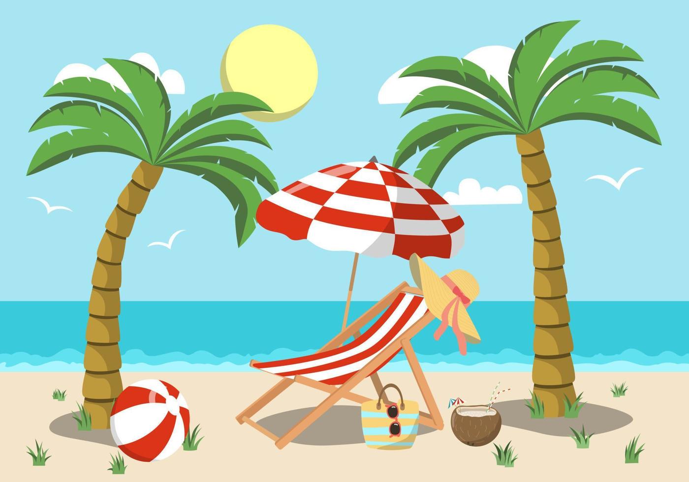 paisaje de playa con tumbona, sombrilla de playa, pelota en la costa de arena. fondo del mar colorido diseño de verano. diseño de postales y pancartas. ilustración vectorial en estilo plano vector