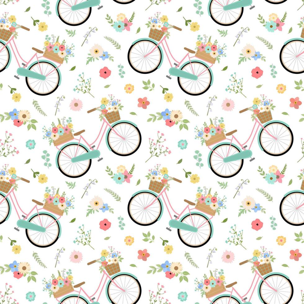 Vintage style turquoise bikes with flower bouquets seamless pattern. Isolated on white background. Romantic spring design. vector