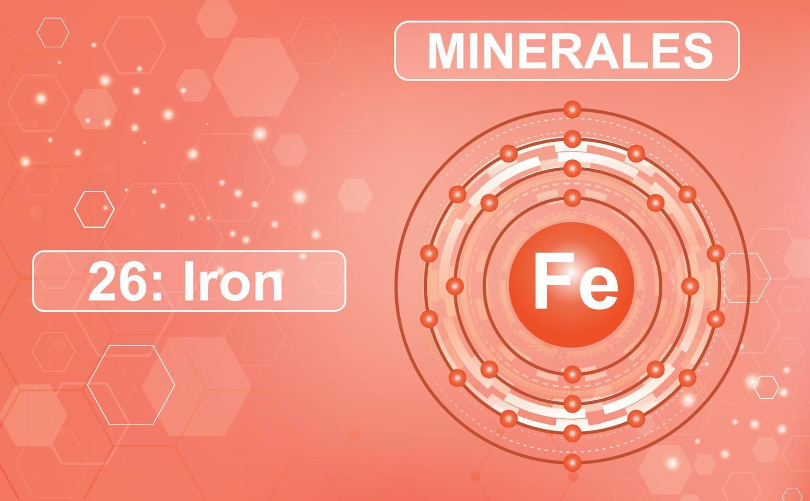 Electronic scheme of the shell of the mineral and trace element Ferrum, Fe, 26th element of the periodic table of elements. Abstract red gradient background from hexagons. Information poster. vector