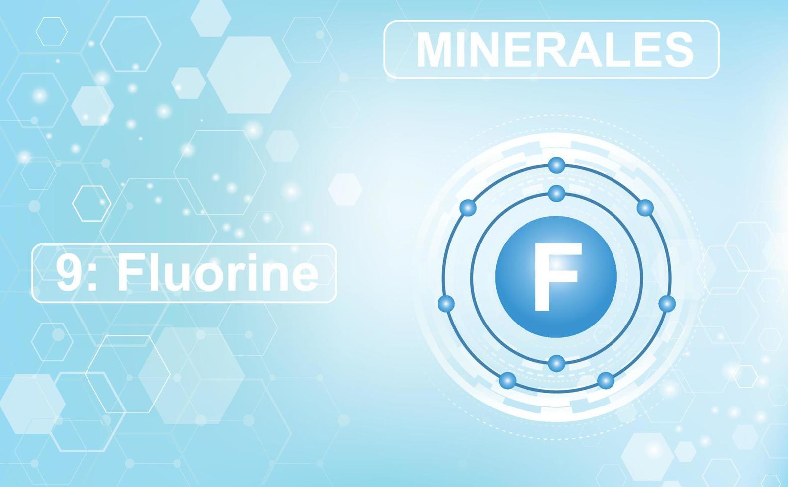 Electronic scheme of the shell of the mineral and microelement Fluorine, F, 9 element of the periodic table of elements. Abstract light blue gradient background from hexagons. Information poster. vector