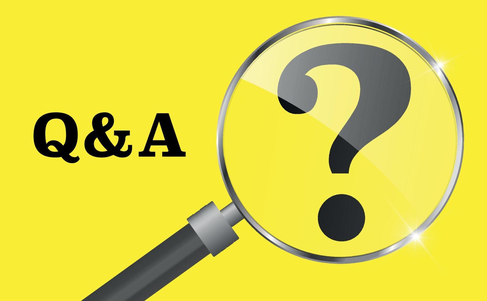 Magnifying glass with text questions and answers and a question mark on a yellow background. Vector illustration