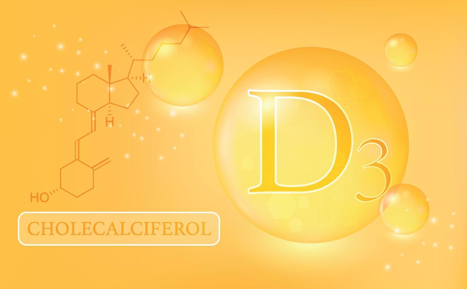 Vitamin, D3, cholecalciferol, water drops, capsule on an orange gradient background. Vitamin complex with chemical formula. Information medical poster. Vector illustration